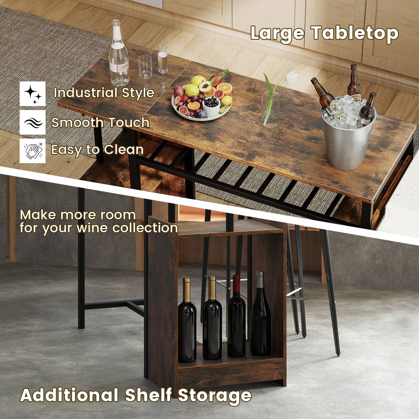 Large Tabletop  
Industrial Style  
Smooth Touch  
Easy to Clean  
Make more room for your wine collection  
Additional Shelf Storage