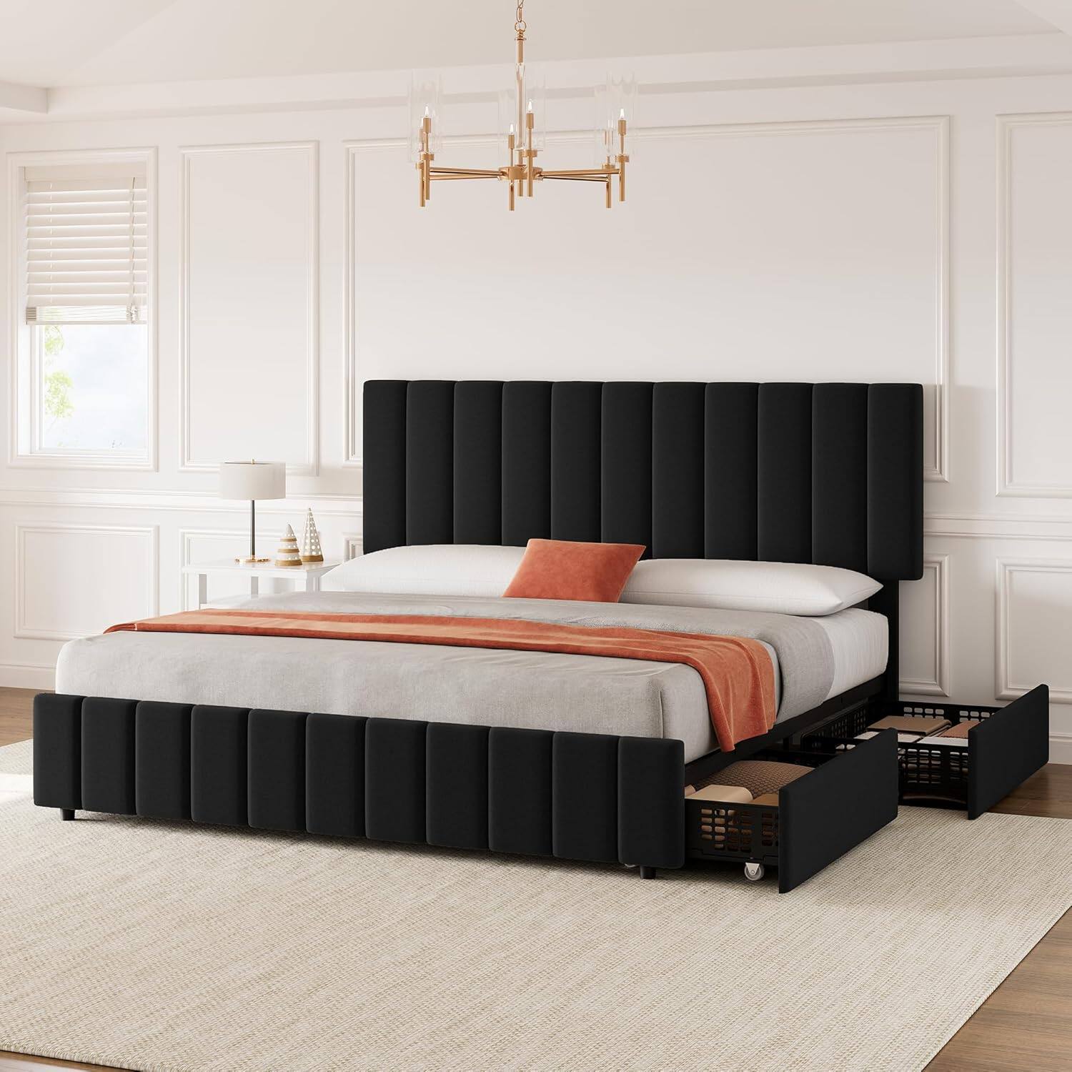 Front. Jojoka - King Size Upholstered Storage Bed Frame with 4 Drawers, Adjustable Headboard, Wood Slats, No Box Spring, Black - Black.