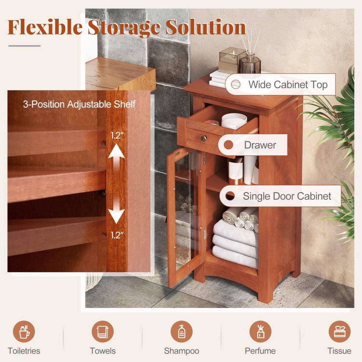 Flexible Storage Solution

- Wide Cabinet Top
- 3-Position Adjustable Shelf (1.2" spacing)
- Drawer
- Single Door Cabinet

Toiletries
Towels
Shampoo
Perfume
Tissue