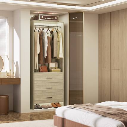 Front. Aheaplus - 2FT Closet System with 3 Drawers and Hanging Rod, Small Freestanding Closet Organizer for Bedroom, Closet - Beige Oak.