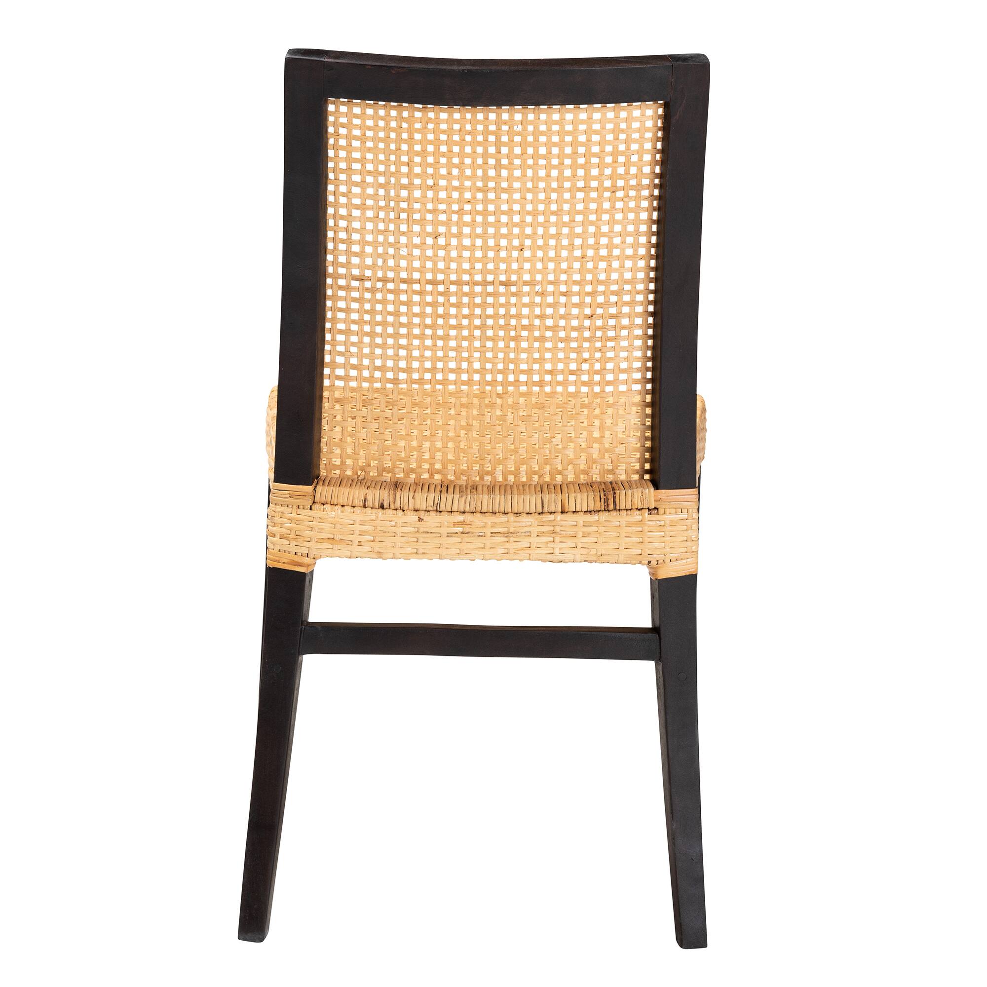 Back. bali & pari - Lingga Modern Bohemian Mahogany Wood and Natural Rattan Dining Chair - Dark Brown/Natural Brown.