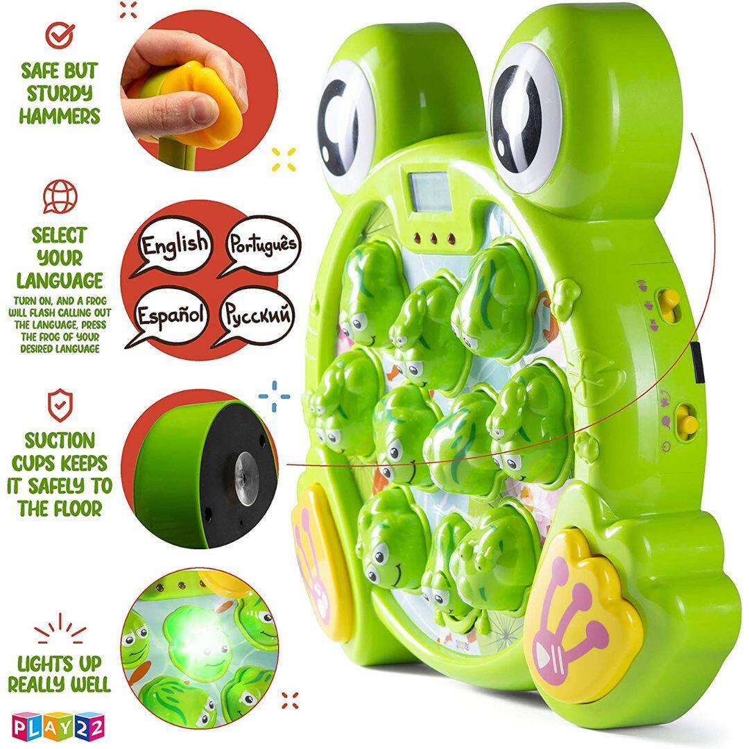 - SAFE BUT STURDY HAMMERS
- SELECT YOUR LANGUAGE
  - TURN ON, AND A FROG WILL FLASH CALLING OUT THE LANGUAGE, PRESS THE FROG OF YOUR DESIRED LANGUAGE
    - English
    - Português
    - Español
    - Русский
- SUCTION CUPS KEEPS IT SAFELY TO THE FLOOR
- LIGHTS UP REALLY WELL
- PLAY22