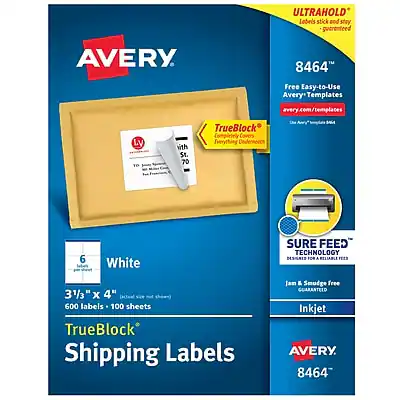 ULTRAHOLD
Labels stick and stay guaranteed
AVERY
8464™
Free Easy-to-Use Avery Templates
avery.com/templates
TrueBlock
Completely Covers Everything Underneath
White
3½" x 4"
600 labels - 100 sheets
TrueBlock
Shipping Labels
SURE FEED
TECHNOLOGY
Jam & Smudge Free
GUARANTEED
Inkjet
AVERY
8464™