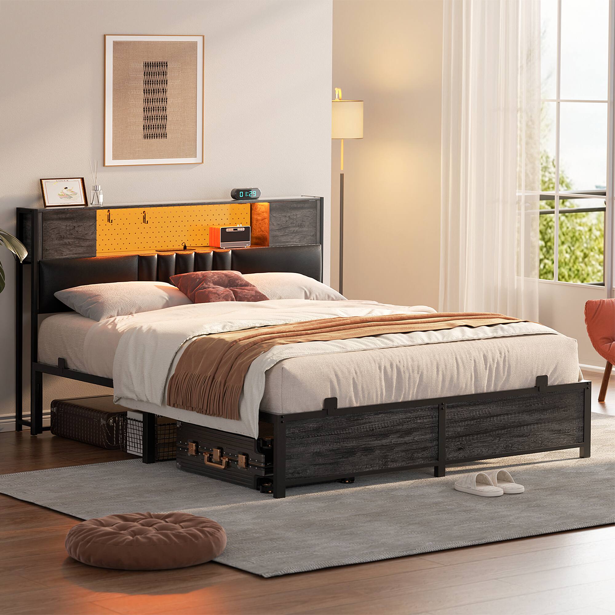 Angle. Aheaplus - Modern Bed Frame: Power Outlet & LED Lights, Headboard Storage, Quiet Support - Black Oak.