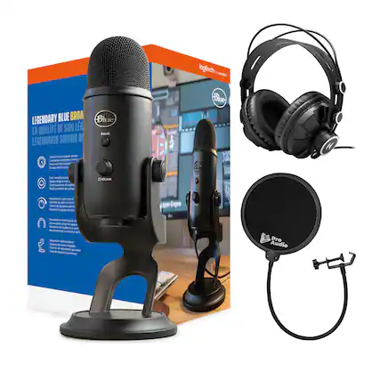 **Logitech for Creators**
**Legendary Blue Microphone**
- **Legendary Blue Microphone**
- Custom-designed, three-capsule design
- Dual-diaphragm large-diaphragm condenser microphone
- Dual-diaphragm large-diaphragm condenser microphone
- Onboard gain control
- Onboard gain control
- Customizable gain control
- Customizable gain control
- Hardware monitoring
- Hardware monitoring
- Adjustable desk stand
- Adjustable desk stand
- Support for USB-C and Thunderbolt 3
**Pro Audio Pop Filter**
- Pro Audio Pop Filter
**Blue Microphone**
- Blue Microphone
**Logitech for Creators**