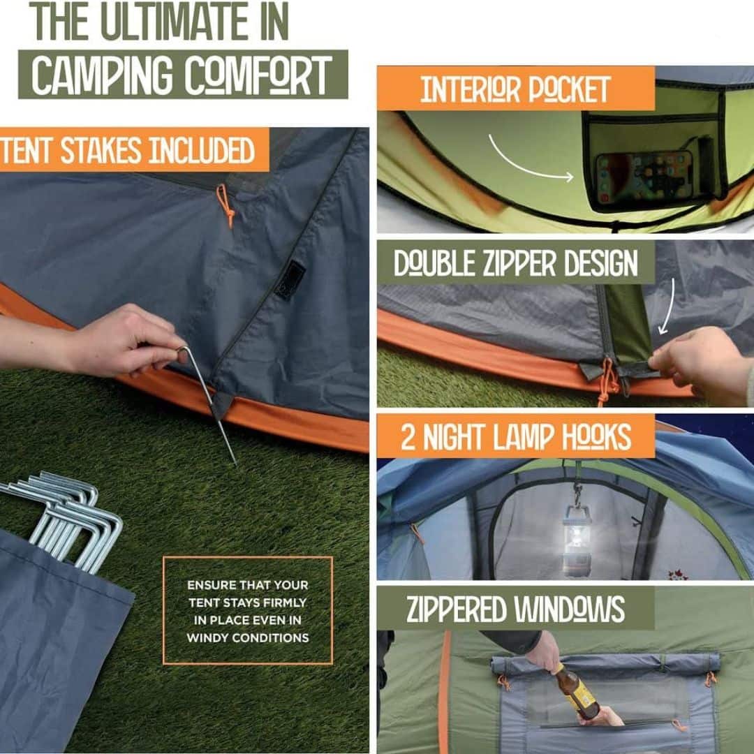 The ultimate in camping comfort. Tent stakes included. Interior pocket. Double zipper design. 2 night lamp hooks. Zippered windows. Ensure that your tent stays firmly in place even in windy conditions.