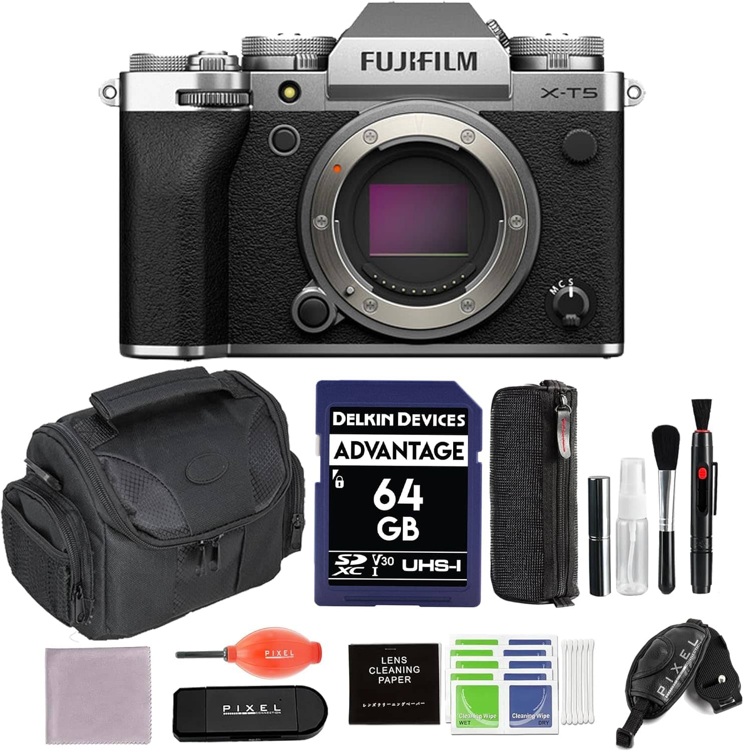 Fujifilm - X-T5 Mirrorless Camera (Silver) Bundle with 64GB Memory Card, Gadget Bag, Card Reader & More