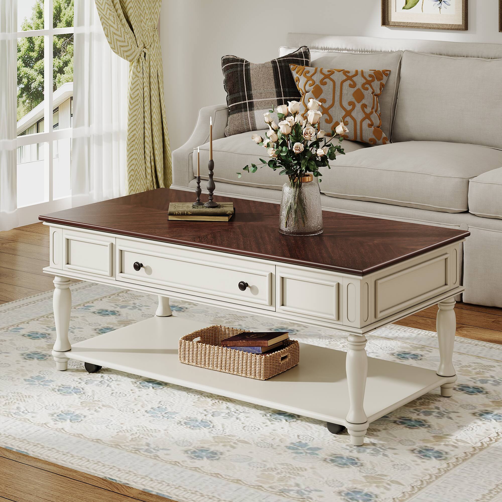 Front. Tiramisubest - Farmhouse Coffee Table with One Drawer,Retro Movable Rectangular Center Table with Lockable Wheels,Walnut+White - White+Walnut.