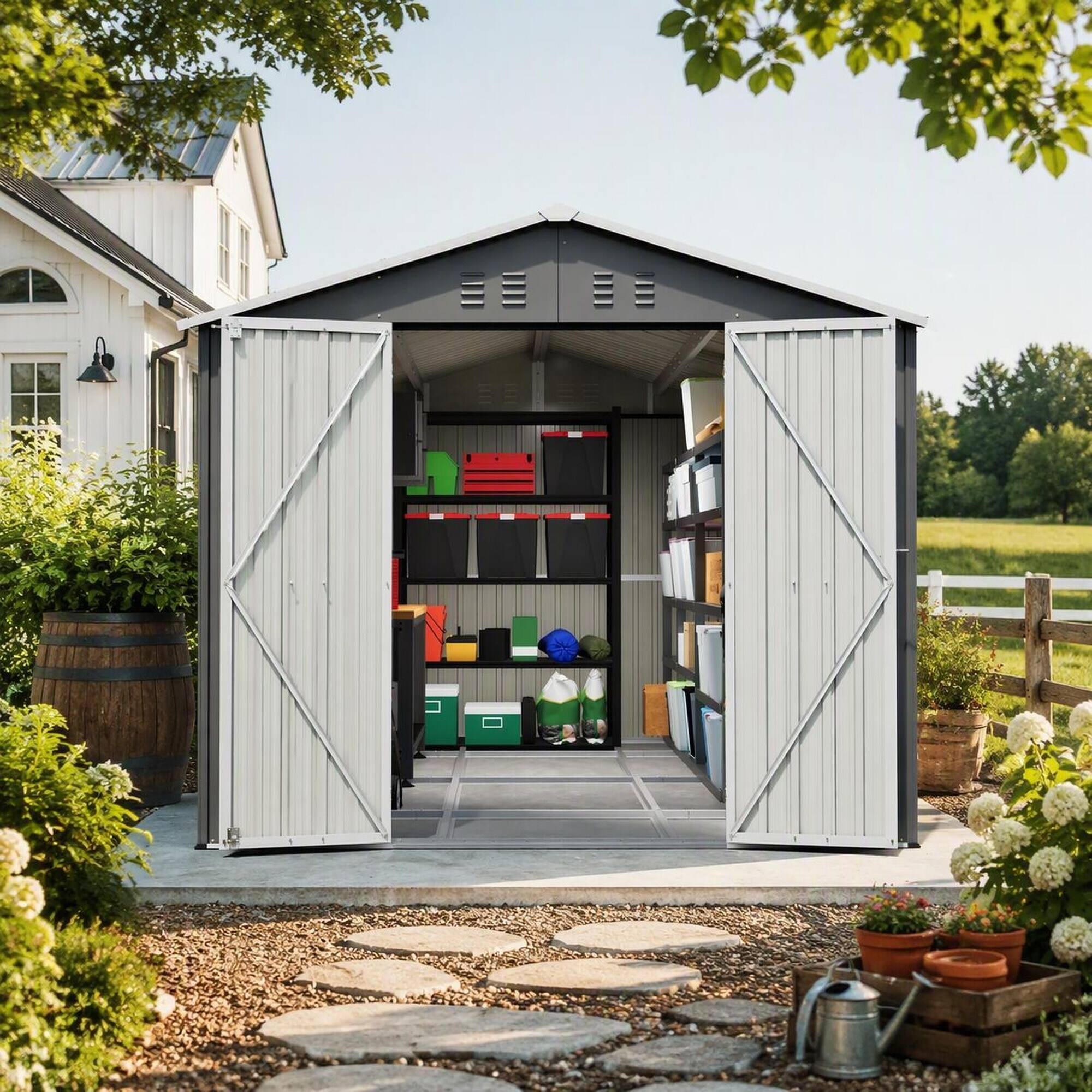 Back. RYHNUYNE - 8x12 ft Metal Shed Aluminum Frame Lockable Double Doors Sloped Roof Vents Gray - Gray.