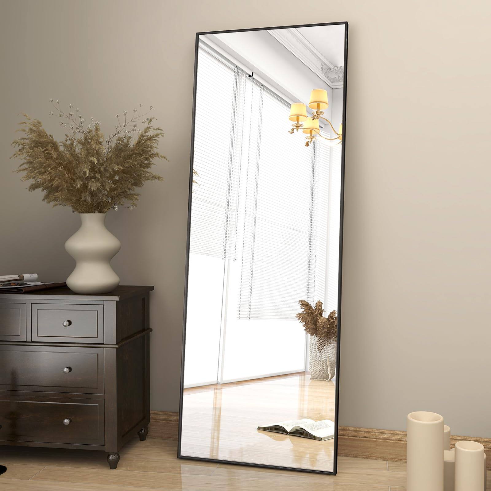 Left. HOMLUX - Full Length Rectangle Floor Mirror Black Aluminum Frame Free Standing Wall Mounted for Bedroom.