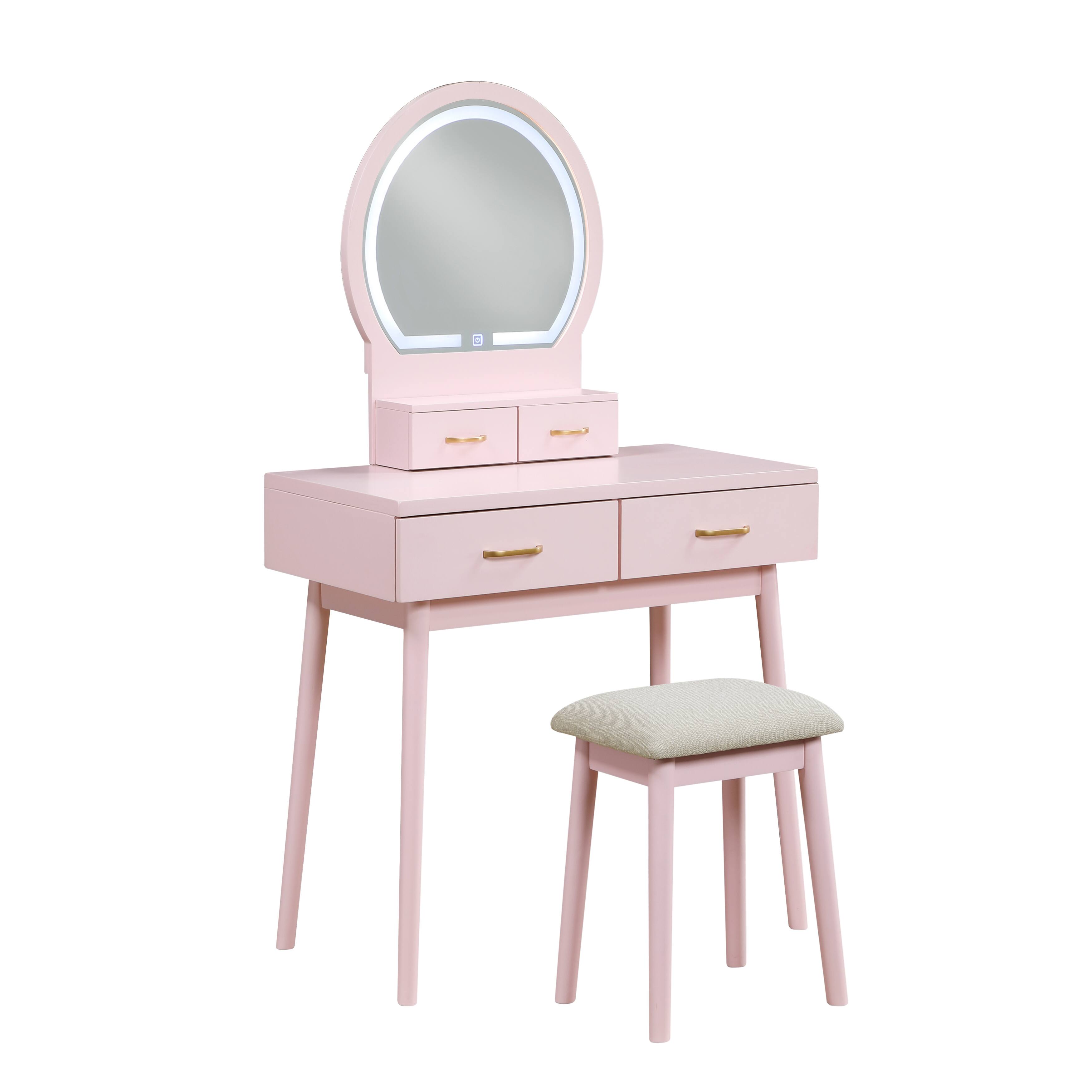 Angle. APRILSOUL - Beautiful Pink Finish Vanity Dresser with Mirror and Stool Set Storage Drawers Bedroom Furniture 1pc - Pink.