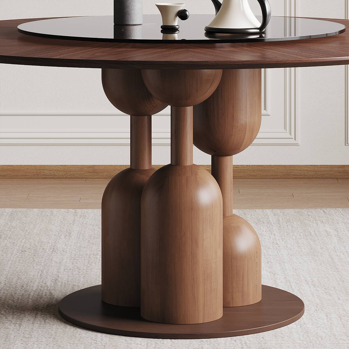 Alt View 6. Loheer - Loheer 59 Inch Round Dining Table, Natural Oak with 35 Inch Tempered Glass Lazy Susan - Walnut.