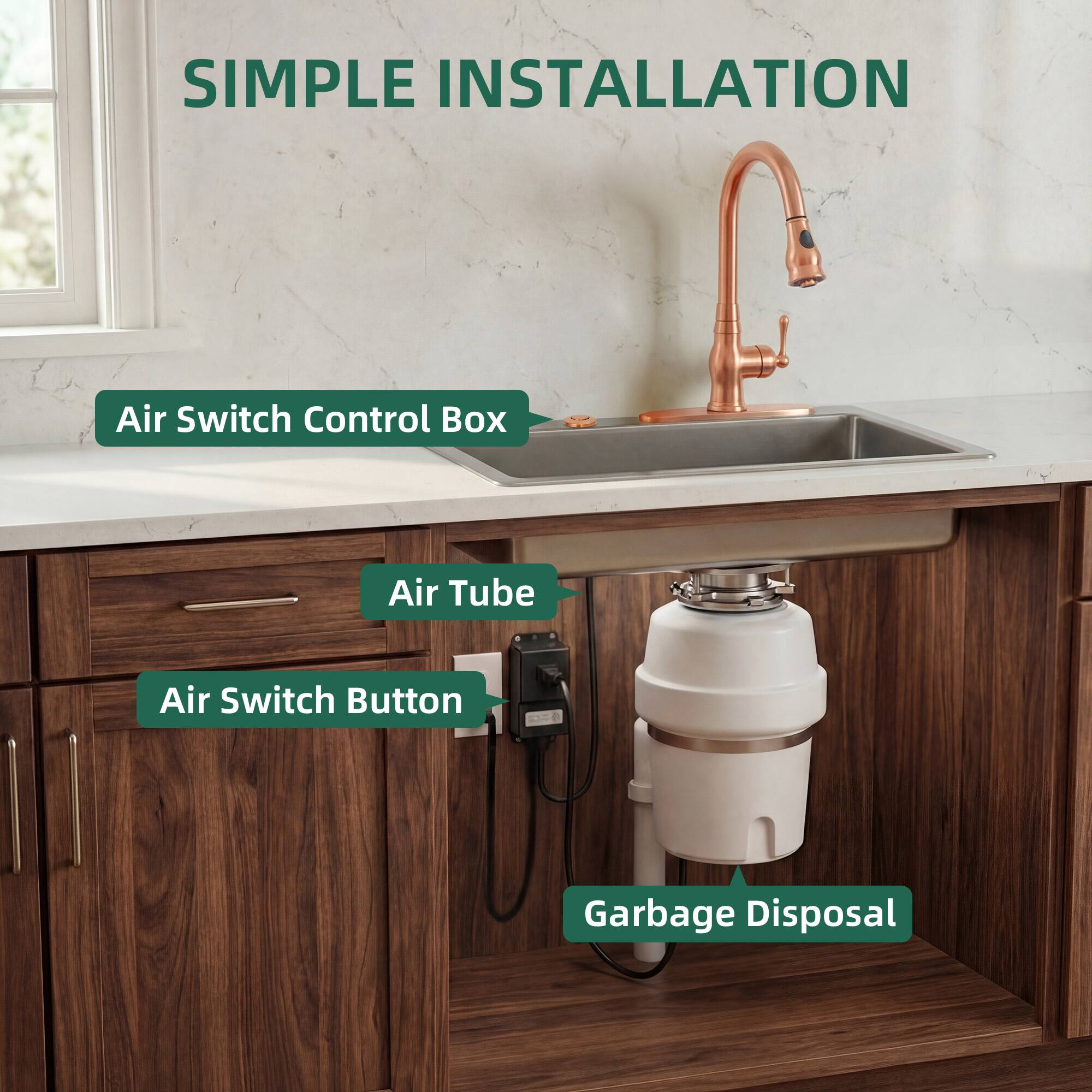 SIMPLE INSTALLATION

- Air Switch Control Box
- Air Tube
- Air Switch Button
- Garbage Disposal
