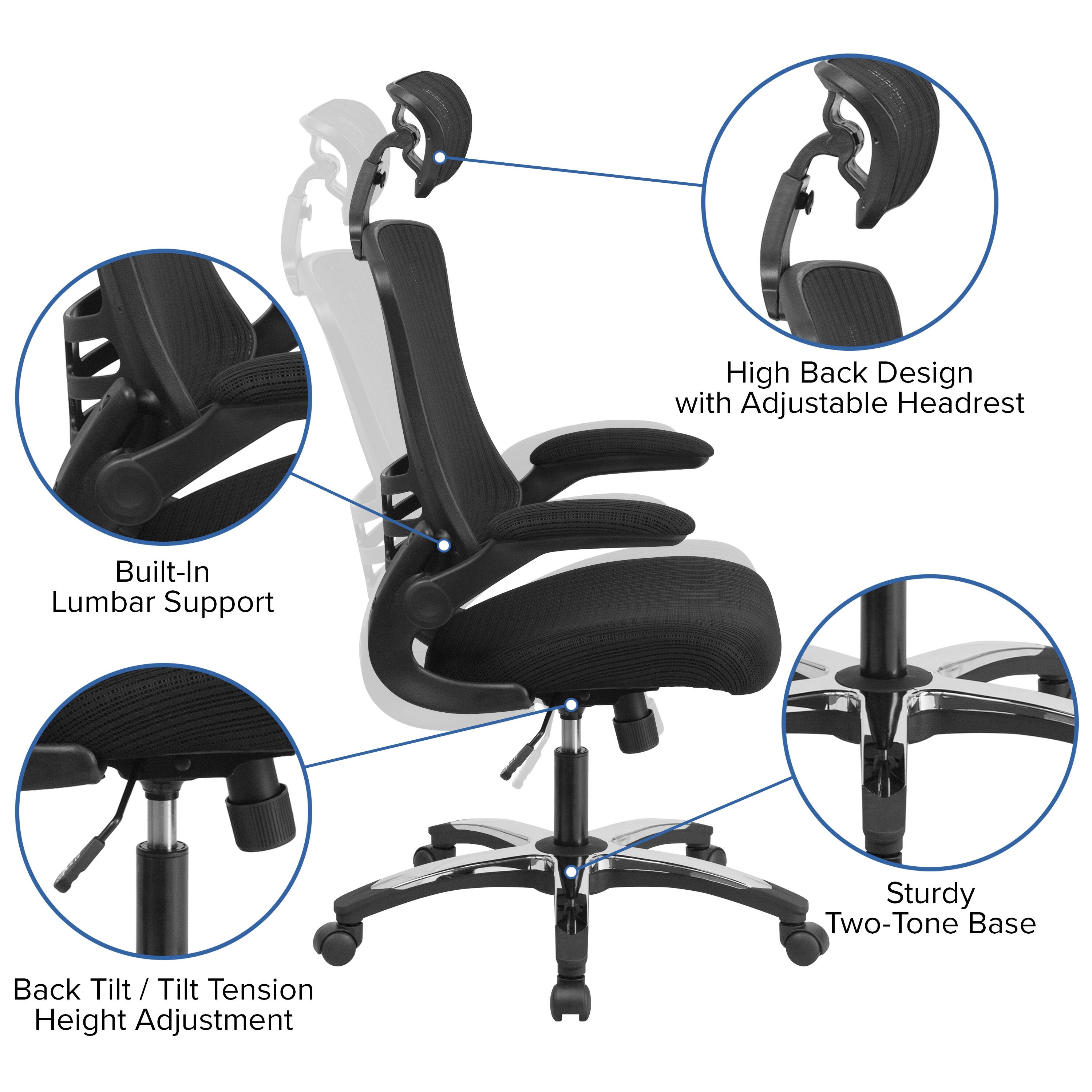 High Back Design with Adjustable Headrest  
Built-In Lumbar Support  
Sturdy Two-Tone Base  
Back Tilt / Tilt Tension Height Adjustment