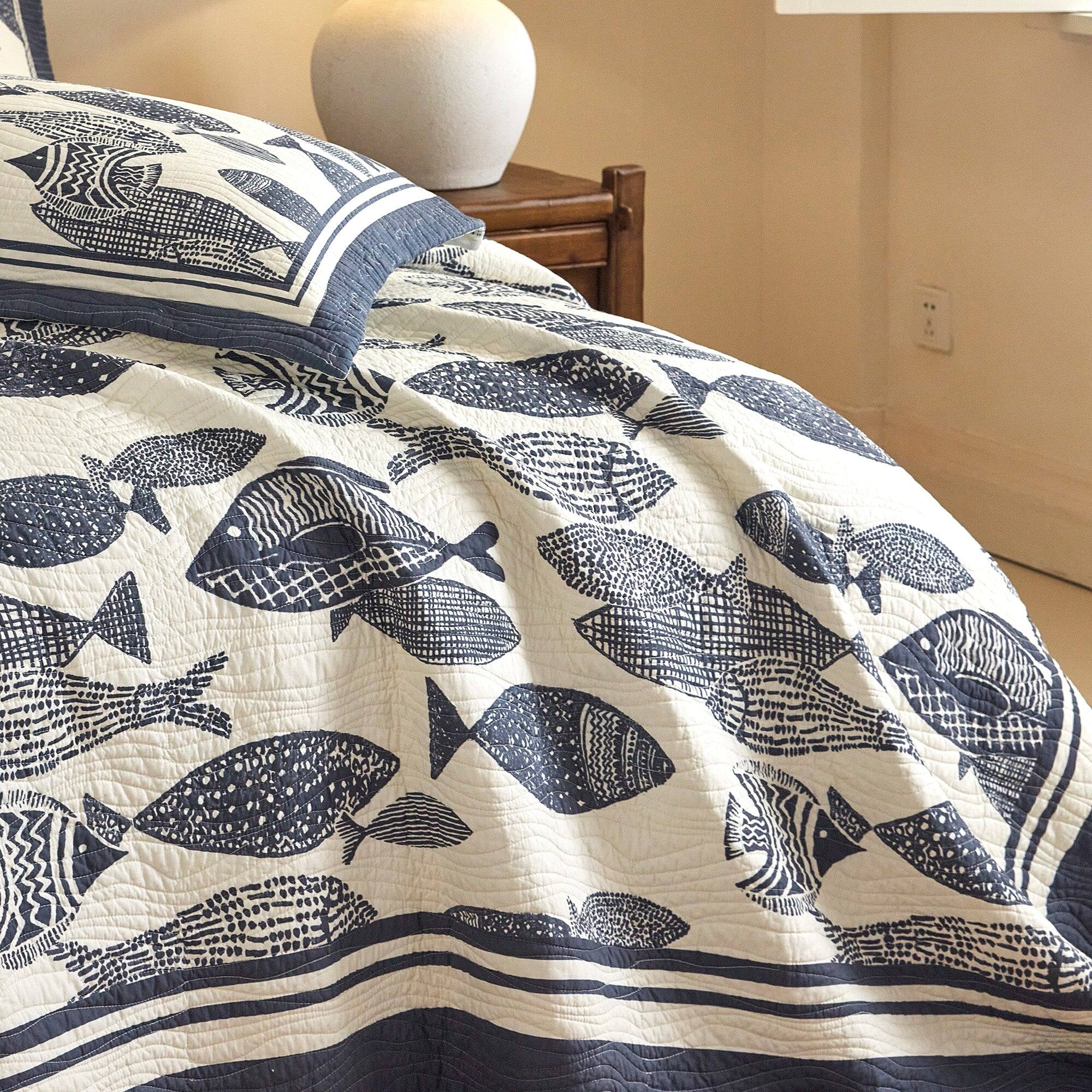 Alt View 3. MarCielo - Marcielo 3 Piece 100% Cotton Nautical Fish Print Quilt Bedspread Set - Coastal Blue.
