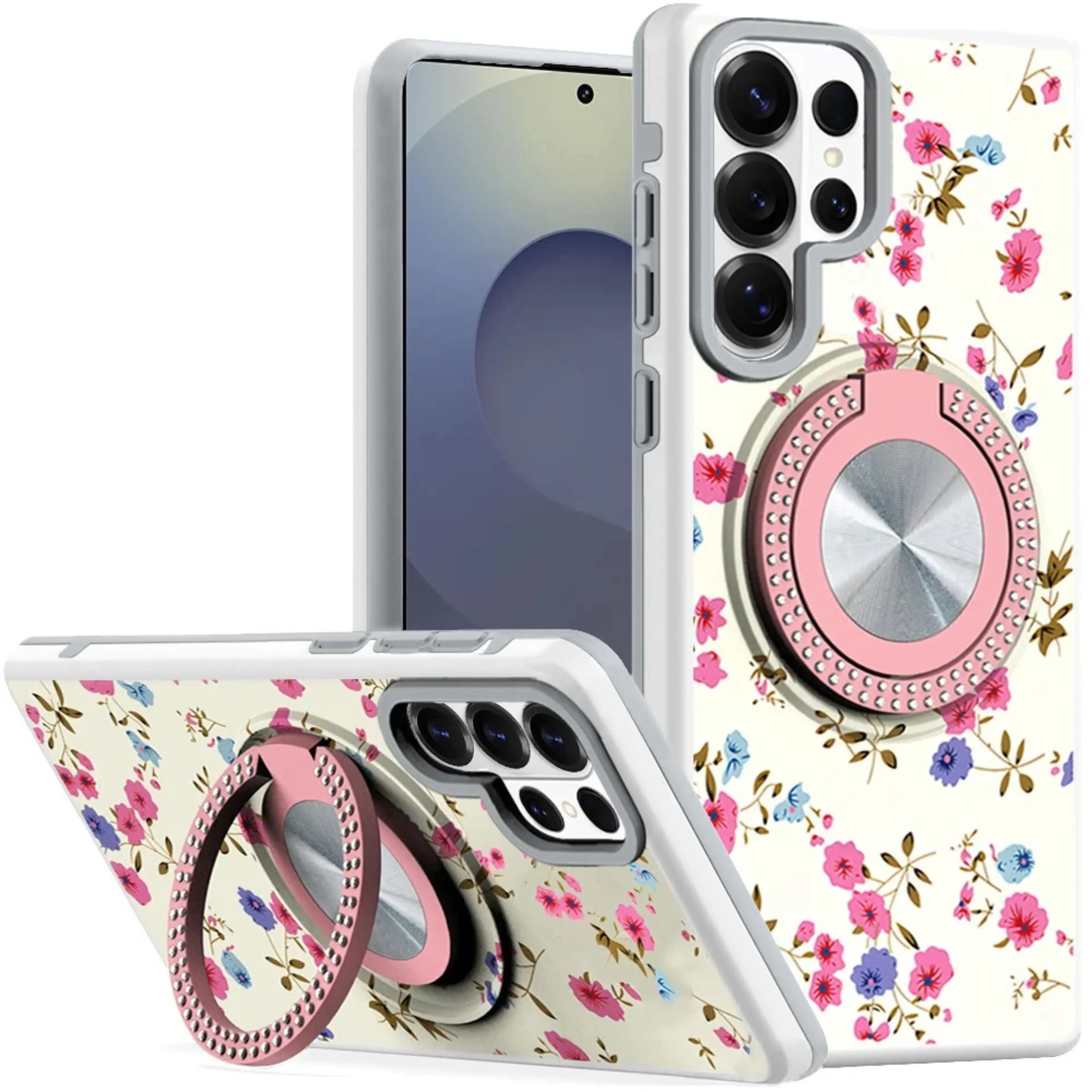Kitcheniva - Stylish Bling Ring Stand Protective Case With Tempered Glass For Samsung S26 Ultra Garden - White