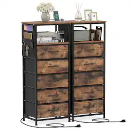Costway - 2 PCS Nightstand with Integrated Charging Station, Bedside Table with 5 Fabric Drawers - Rustic + Black