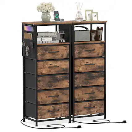 Costway - 2 PCS Nightstand with Integrated Charging Station, Bedside Table with 5 Fabric Drawers - Rustic + Black