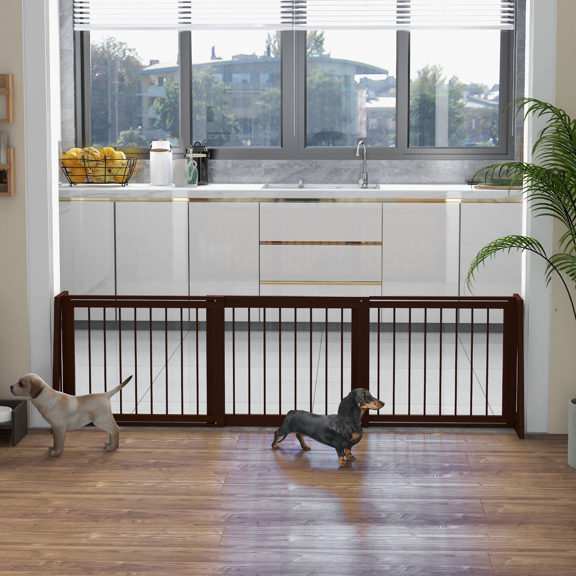 Angle. Pawhut - Freestanding Pet Gate, Wooden Dog Gate with 28"-75" Retractable Length, Support Feet, Non-Slip Mats, 3 Panel.