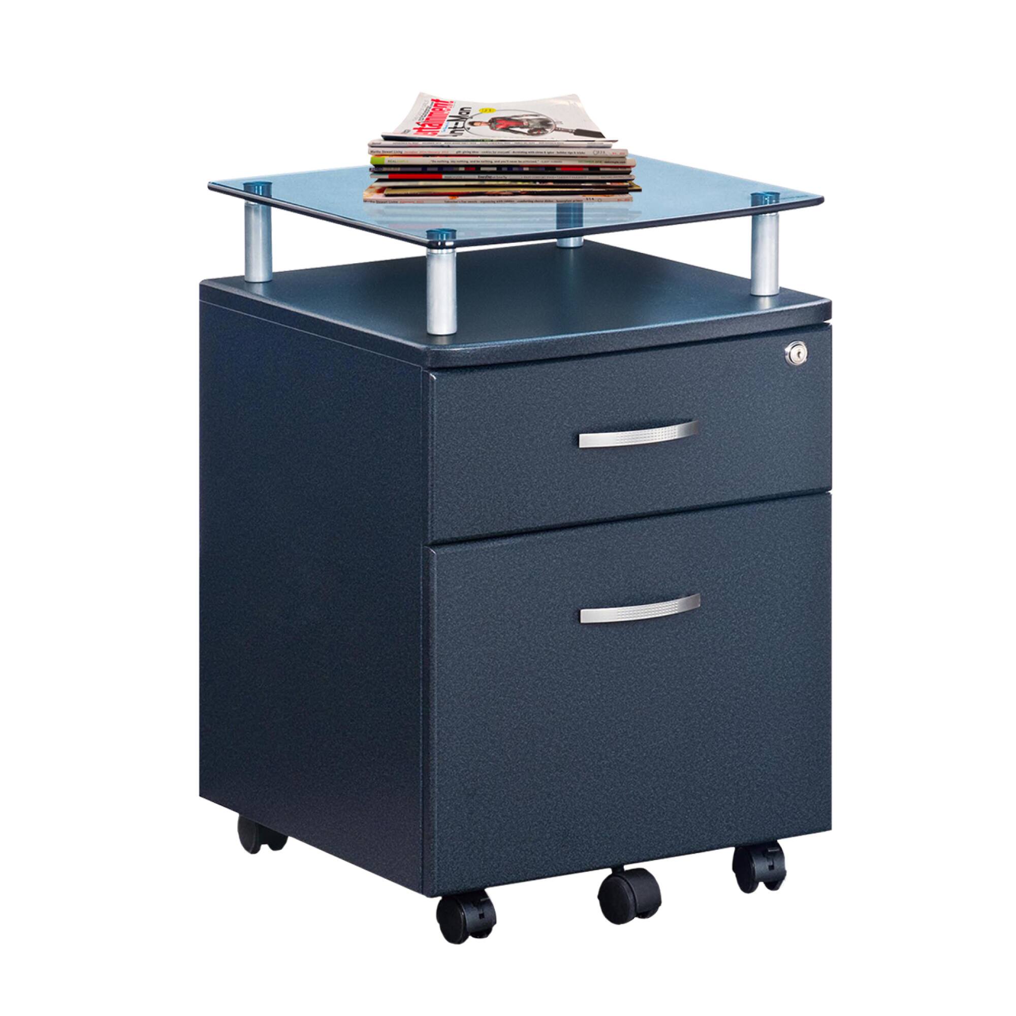 Angle. GOODSILO - Modern Rolling File Cabinet with Tempered Glass Top and Secure Locking Drawers - Dark Grey.