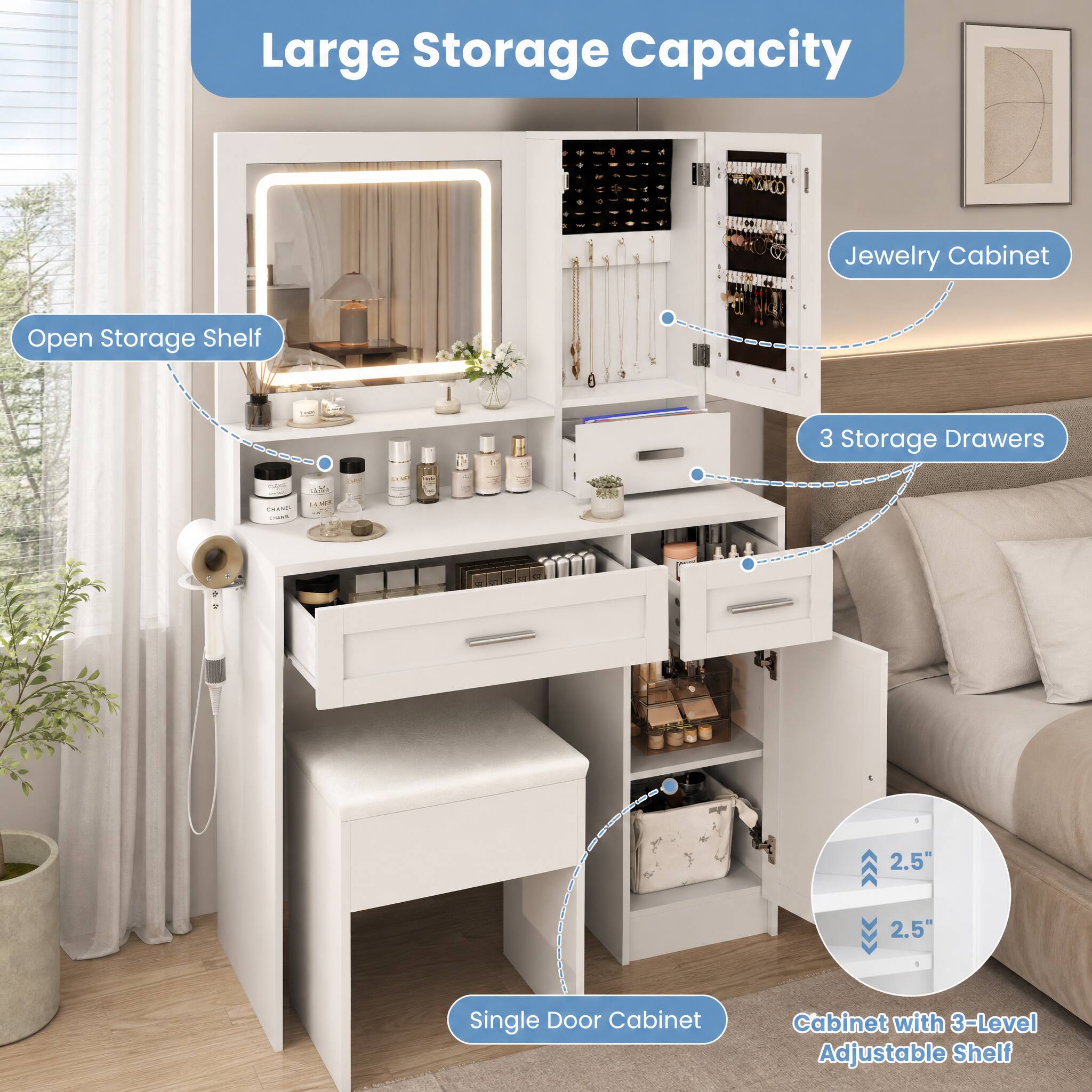 Large Storage Capacity

Jewelry Cabinet

Open Storage Shelf

3 Storage Drawers

Single Door Cabinet

Cabinet with 3-Level Adjustable Shelf

2.5

2.5