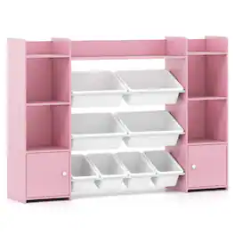 SlickBlue - Kids Toy Organizer with 8 Bins and Bookshelf for Bedroom or Playroom - Pink
