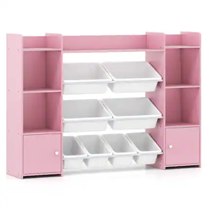 Front. SlickBlue - Kids Toy Organizer with 8 Bins and Bookshelf for Bedroom or Playroom - Pink.