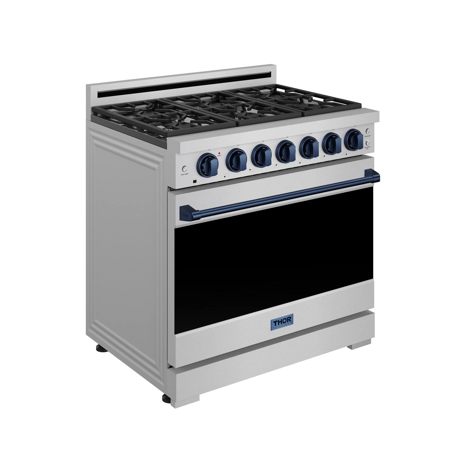 Left. Thor Kitchen - Gordon Ramsay Series by Thor Kitchen 6.0 Cu. Ft Freestanding Gas Range with Navy Blue Hardware - Stainless Steel.
