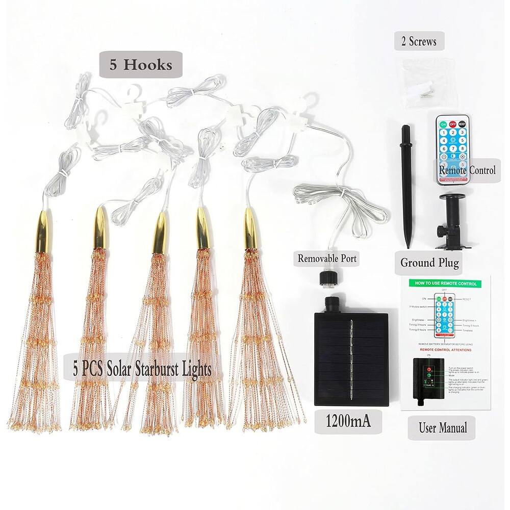 - 2 Screws
- 5 Hooks
- 5 PCS Solar Starburst Lights
- Remote Control
- Removable Port
- Ground Plug
- 1200mA
- User Manual