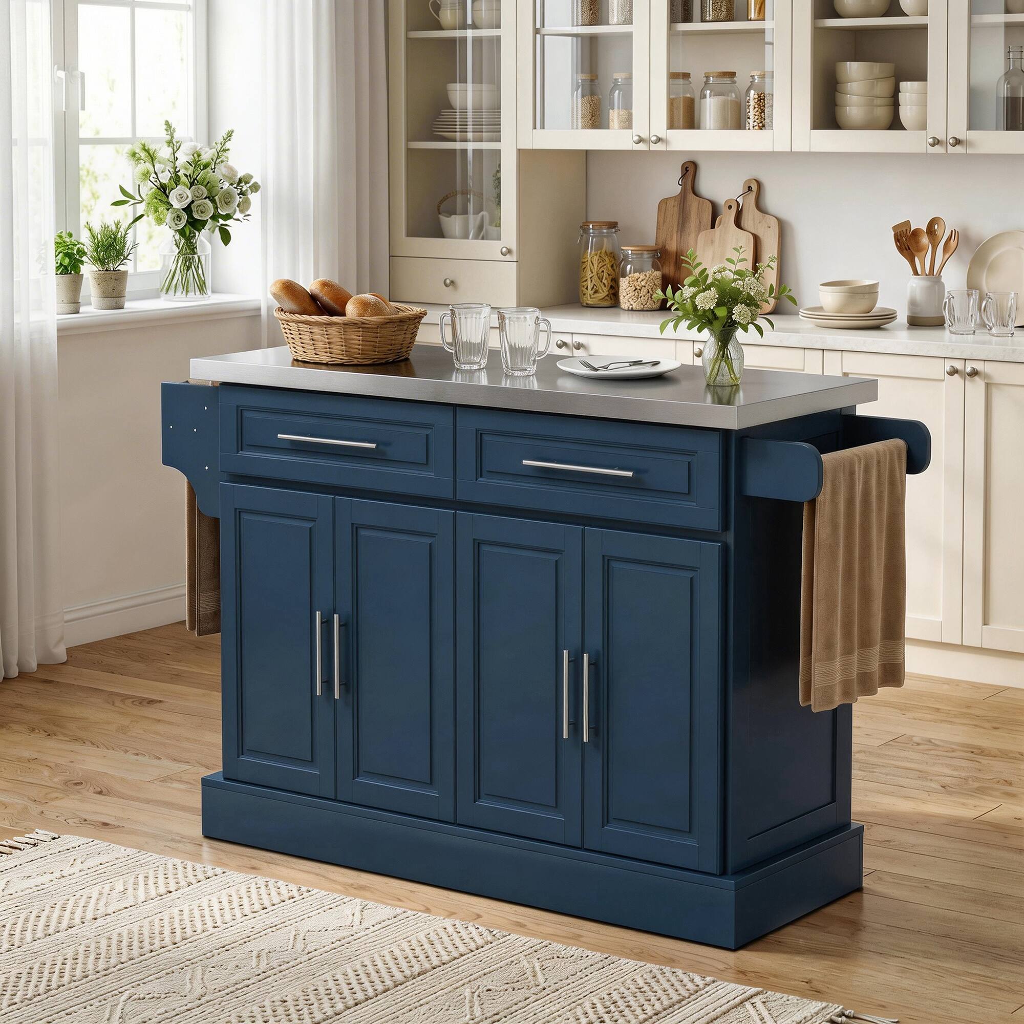 Alt View 1. Homcom - Kitchen Island with Stainless Steel Top, 2 Drawers, Spice, Knife and Towel Rack and Cabinets - Blue.