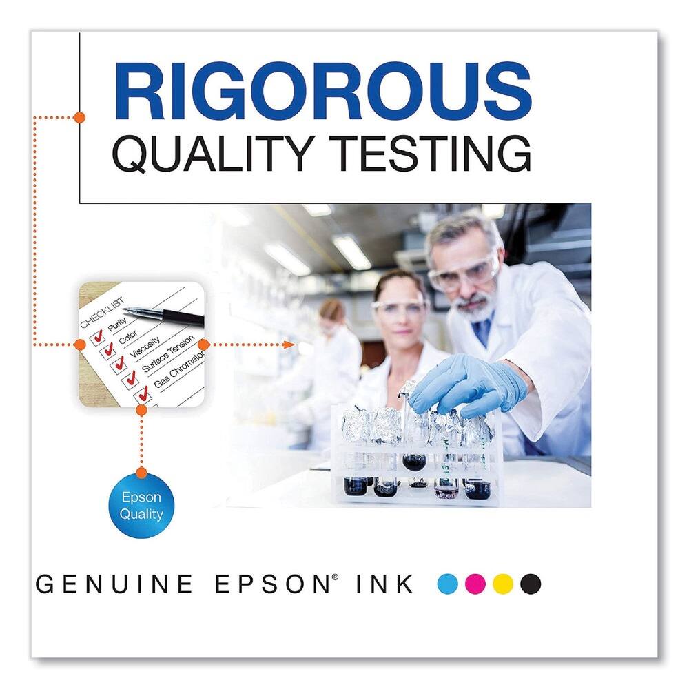 RIGOROUS QUALITY TESTING

CHECKLIST
- Purity
- Color
- Tension
- Viscosity
- Surface Tension
- Gas Chromatography

Epson Quality

GENUINE EPSON INK
