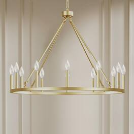 Loheer - 40 Inch Gold Wagon Wheel Chandelier, 16 Light Farmhouse Fixture for High Ceilings