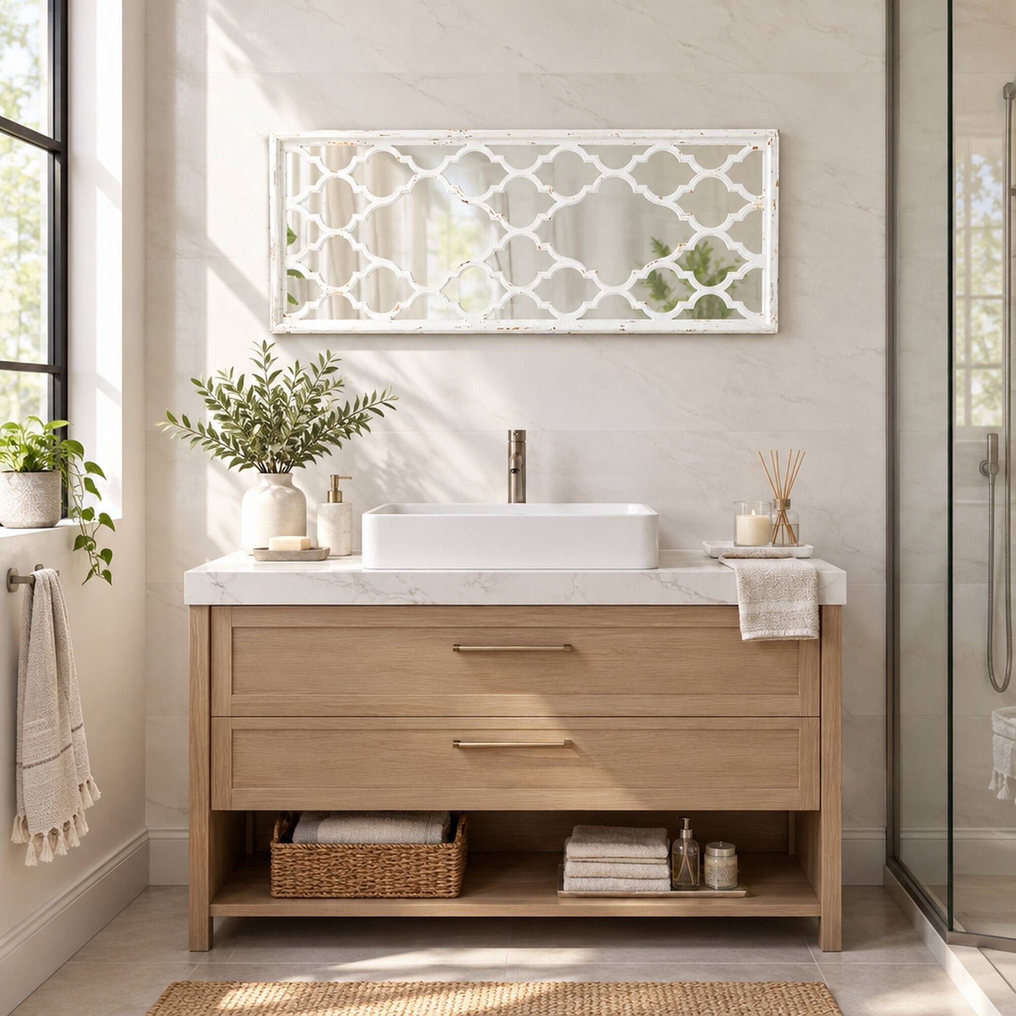 Angle. RYHNUYNE - 24 x 60 Inch Distressed White Floor Mirror, Full Length Leaning Mirror, Fir Wood Frame, Bedroom and Bathroom - White.