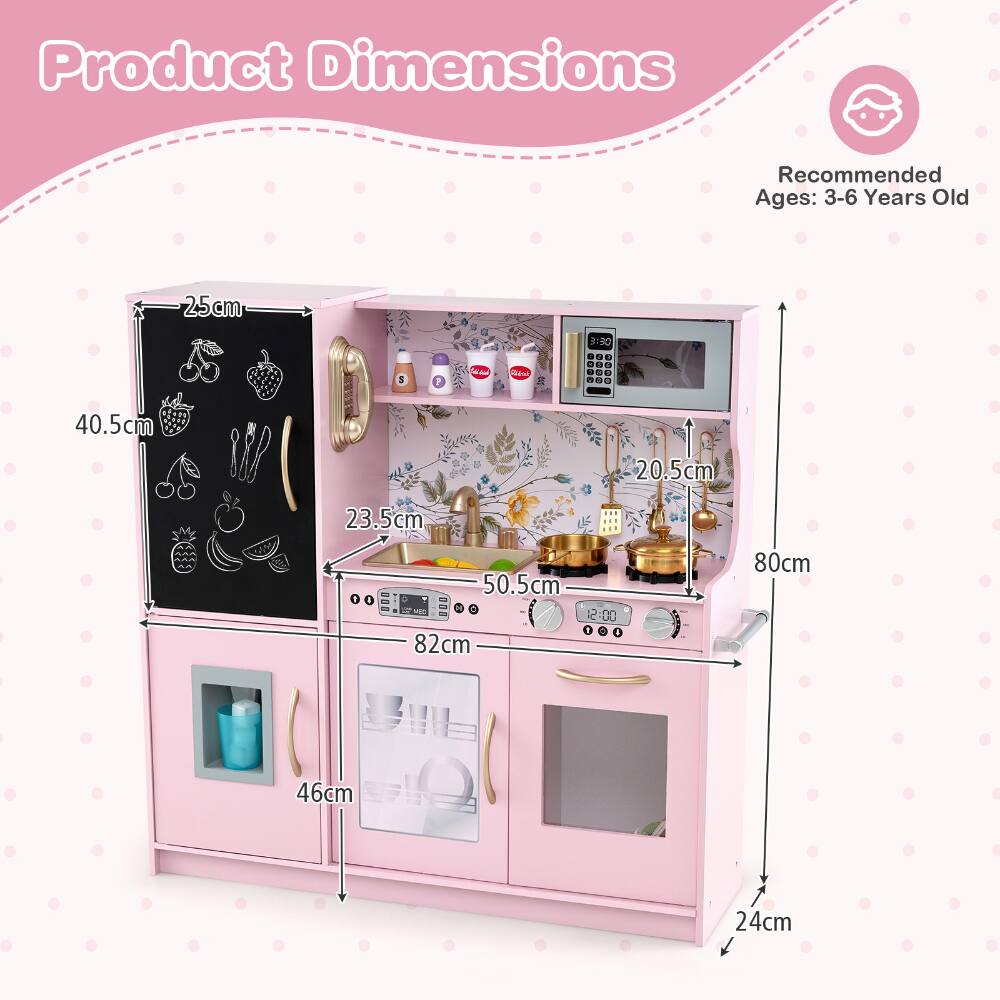 Product Dimensions

Recommended Ages: 3-6 Years Old

- Width: 82 cm
- Height: 80 cm
- Depth: 46 cm
- Height of Top Section: 24 cm
- Height of Bottom Section: 46 cm
- Width of Top Section: 50.5 cm
- Depth of Top Section: 23.5 cm
- Height of Microwave: 20.5 cm
- Width of Microwave: 25 cm
- Height of Chalkboard: 40.5 cm
- Width of Chalkboard: 22 cm