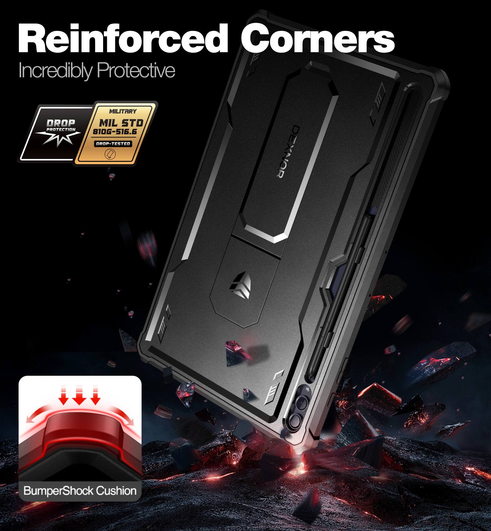 Reinforced Corners  
Incredibly Protective  

MIL STD 810G-516.6 DROP-TESTED  

BumperShock Cushion