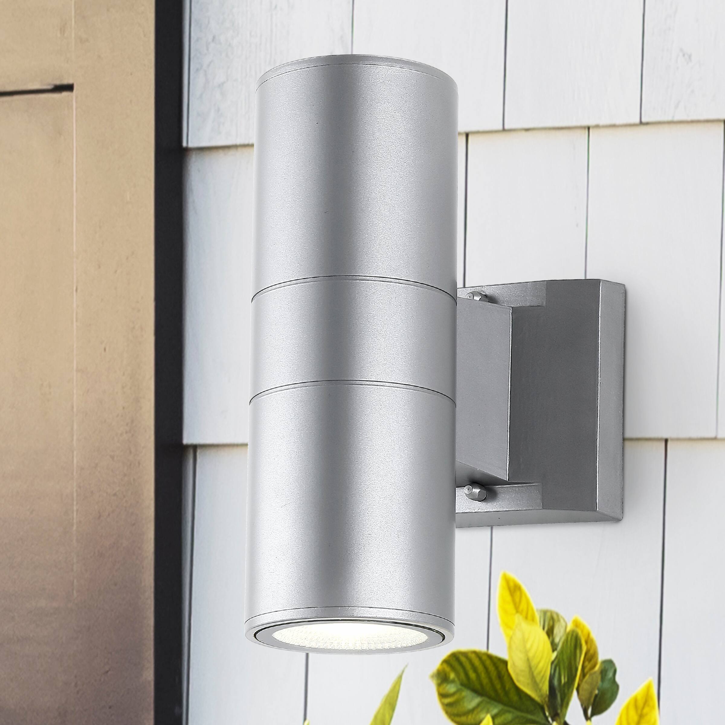 Alt View 1. Jonathan Y - Duo 6" 2-Light Modern Midcentury Cylinder Outdoor Metal/Glass Integrated LED Sconce with Uplight, Silver - Silver.