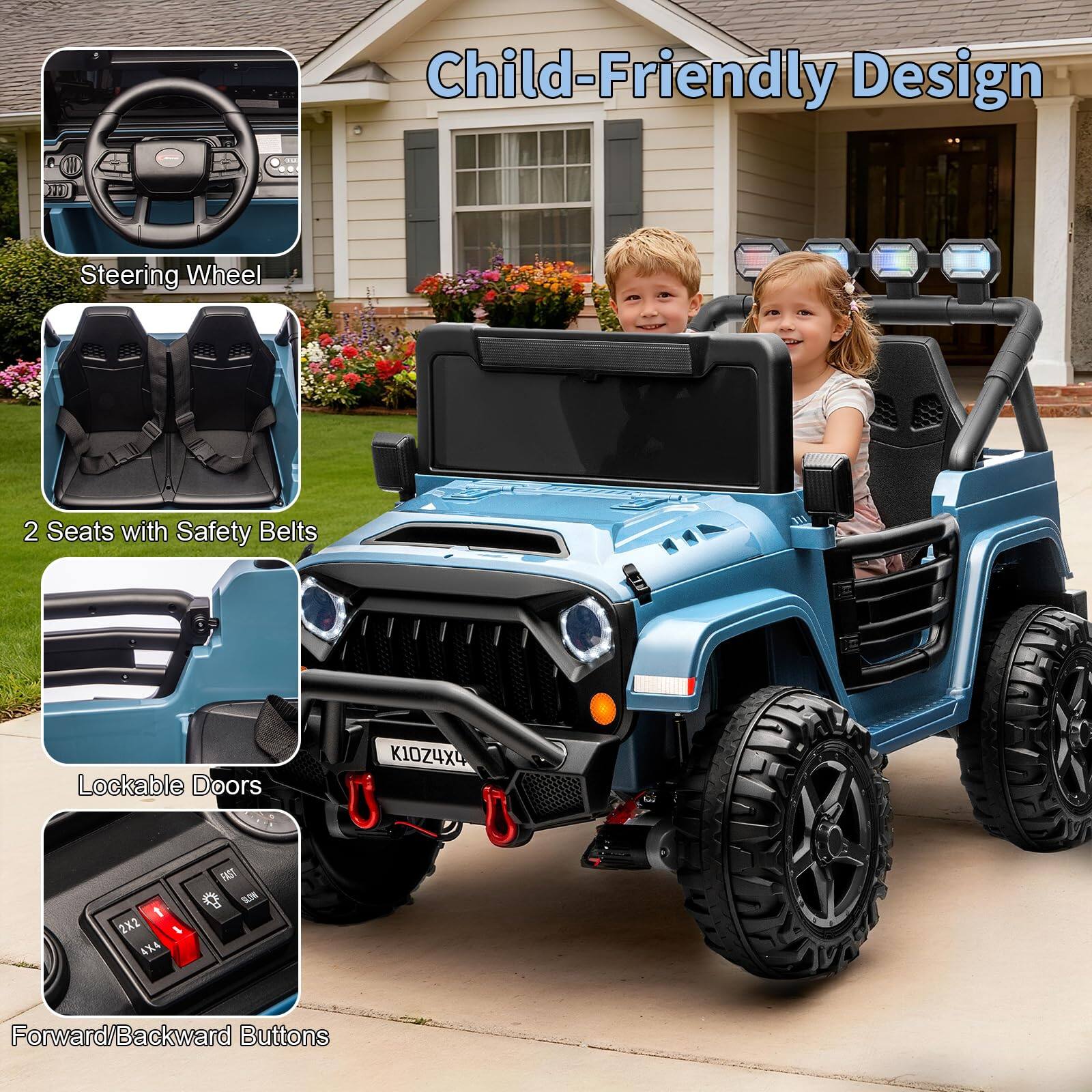 Child-Friendly Design

- Steering Wheel
- 2 Seats with Safety Belts
- Lockable Doors
- Forward/Backward Buttons