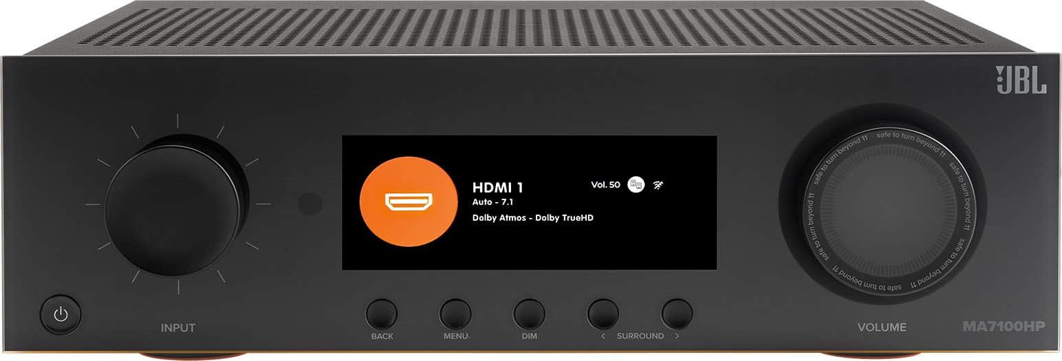 BL HDMI 1 Vol. 50 Auto . 7.1 Dolby Atmos - Dolby TrueHD H 11 safe to turn beyond beyond 11 tum to safe safe to to 2 sum beyond puokeq 17 tum to safe safe 1o uam beyond Enu puoAed to safe INPUT BACK MENU DIM SURROUND VOLUME MA7100HP