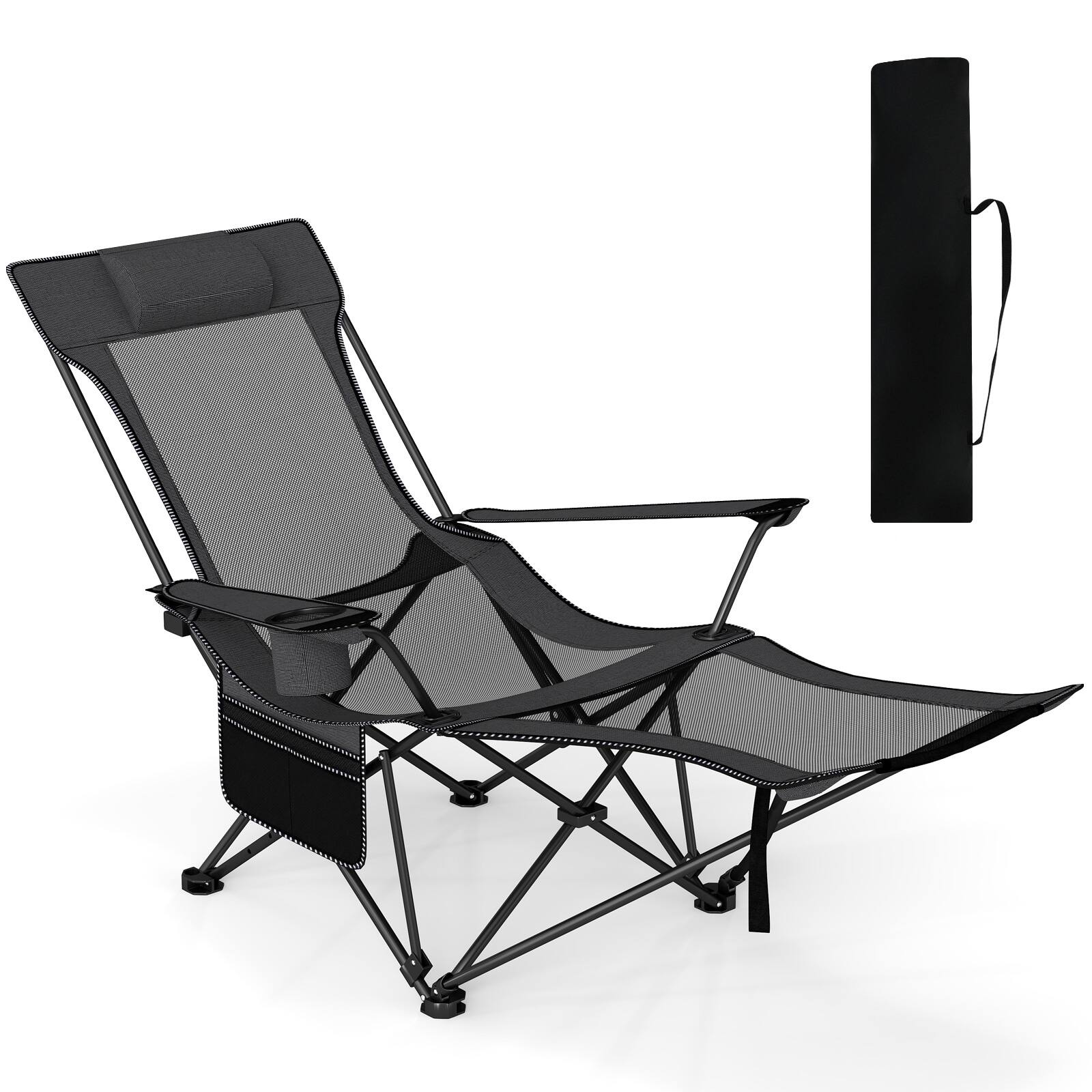 Front. Gymax - Gymax Camping Lounge Chair w/Detachable Footrest 4-position Backrest Carrying Bag - Gray.