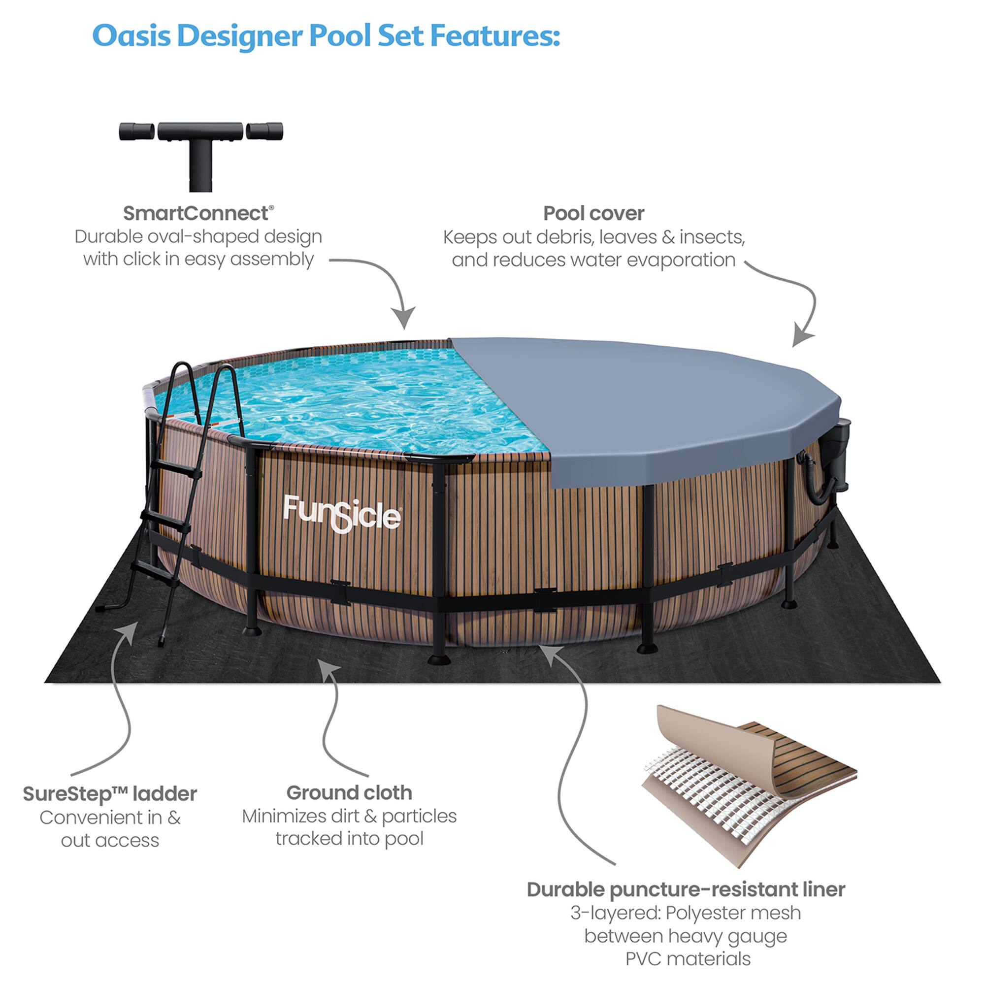 Oasis Designer Pool Set Features:

- SmartConnect: Durable oval-shaped design with click-in easy assembly
- Pool cover: Keeps out debris, leaves & insects, and reduces water evaporation
- FunSicle SureStep™ ladder: Convenient in & out access
- Ground cloth: Minimizes dirt & particles tracked into pool
- Durable puncture-resistant liner: 3-layered: Polyester mesh between heavy gauge PVC materials
