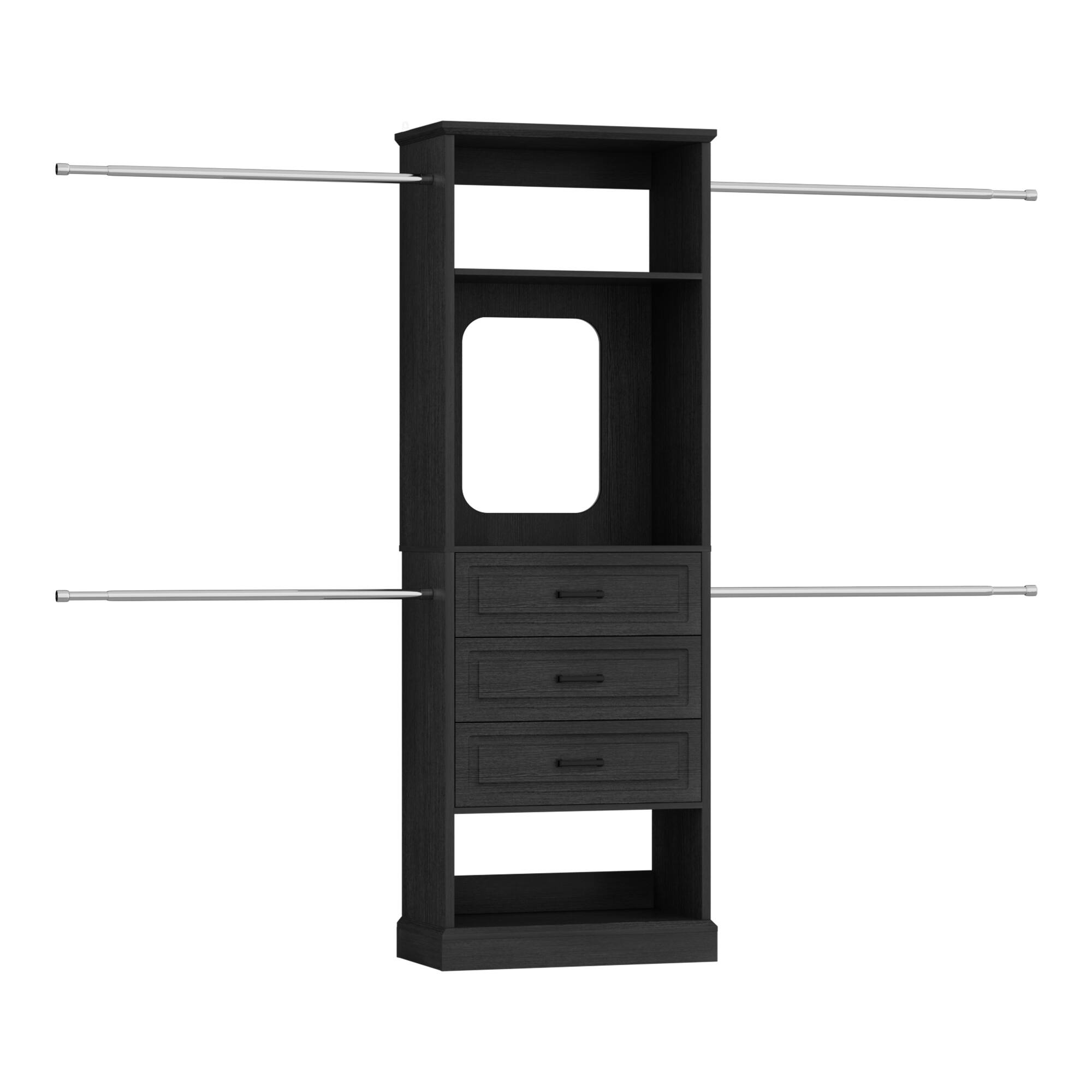 Angle. Aheaplus - 26'' - 110'' W Adjustable Closet Organizer System with 3 Drawers, 4 Retractable Hanging Rods and Mirror - Black.