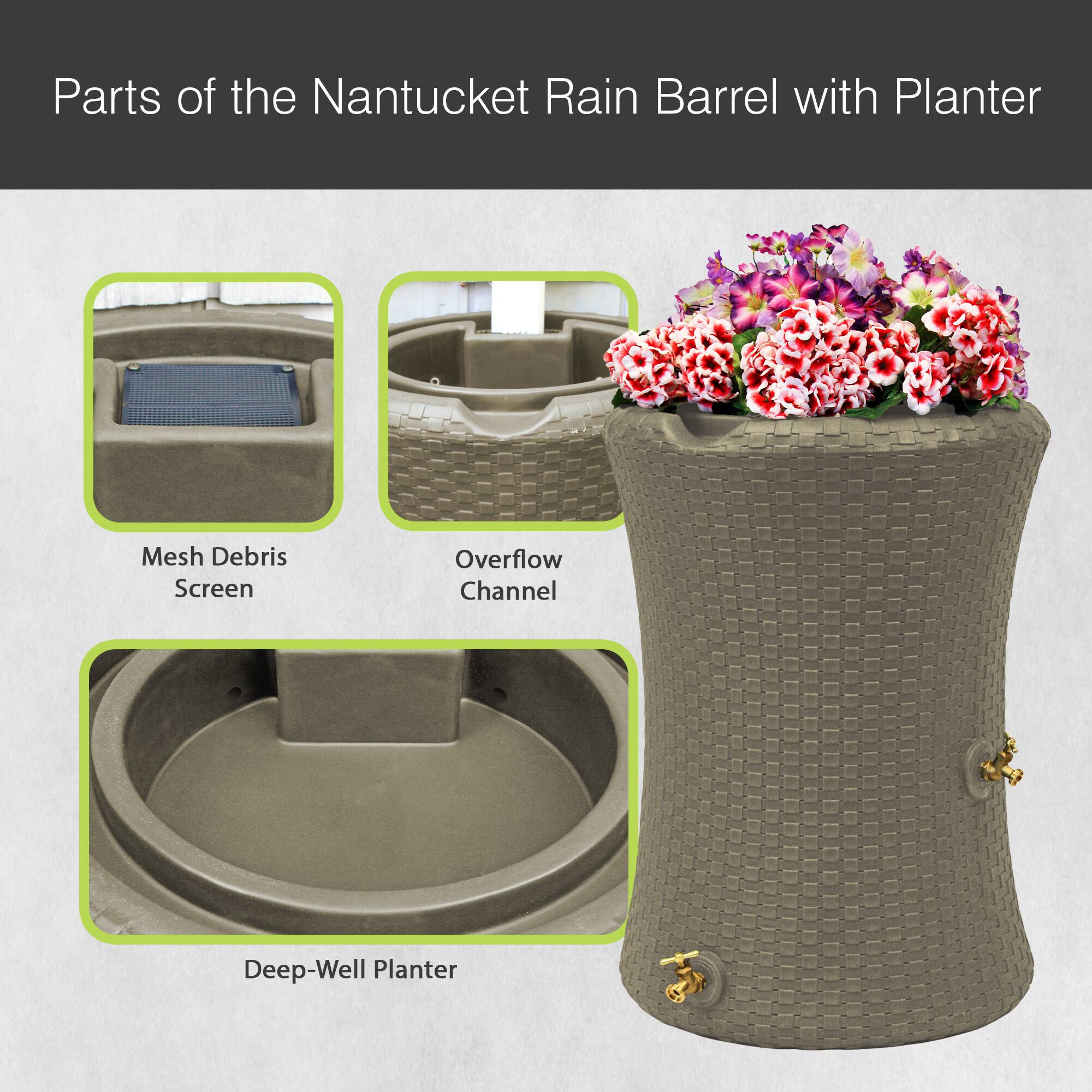 Parts of the Nantucket Rain Barrel with Planter

- Mesh Debris Screen
- Overflow Channel
- Deep-Well Planter
