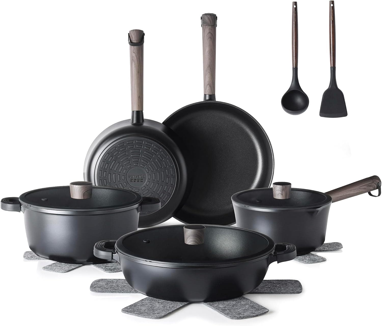 SENSARTE - 15Pcs Nonstick Pots and Pans Set,Healthy Cookware with Stay-Cool Handles,Induction Compatible,Dishwasher Safe - Black