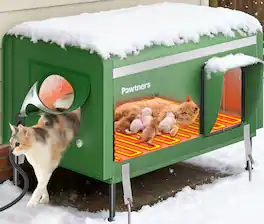 Pawtners - 26" Heated Outdoor Cat House. Insulated, weatherproof, with heated pad, elevated feet & escape door - Green