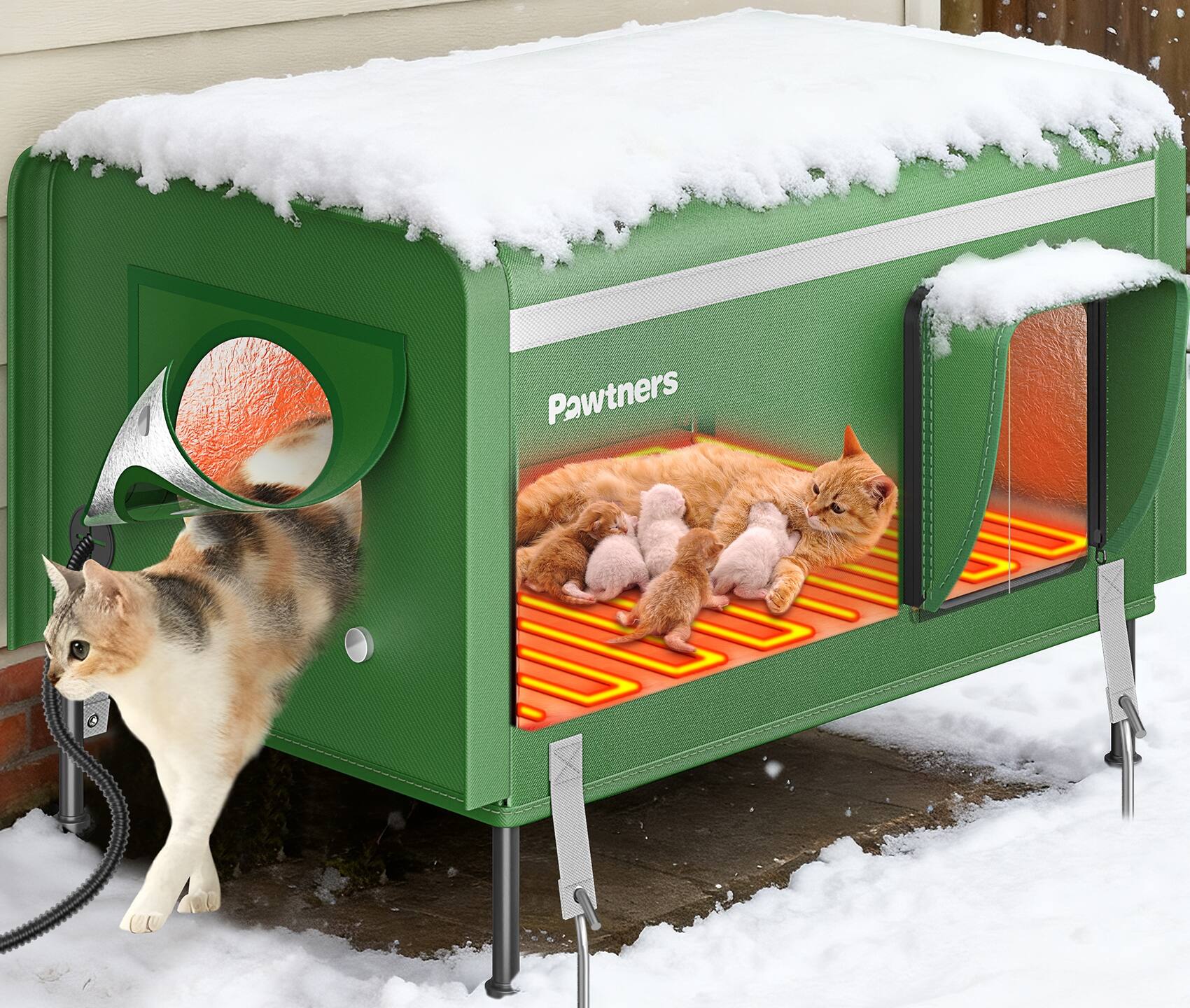 Front. Pawtners - Pawtners 26" Green Heated Outdoor Cat House. Insulated, weatherproof, with heated pad, elevated feet & escape door - Green.