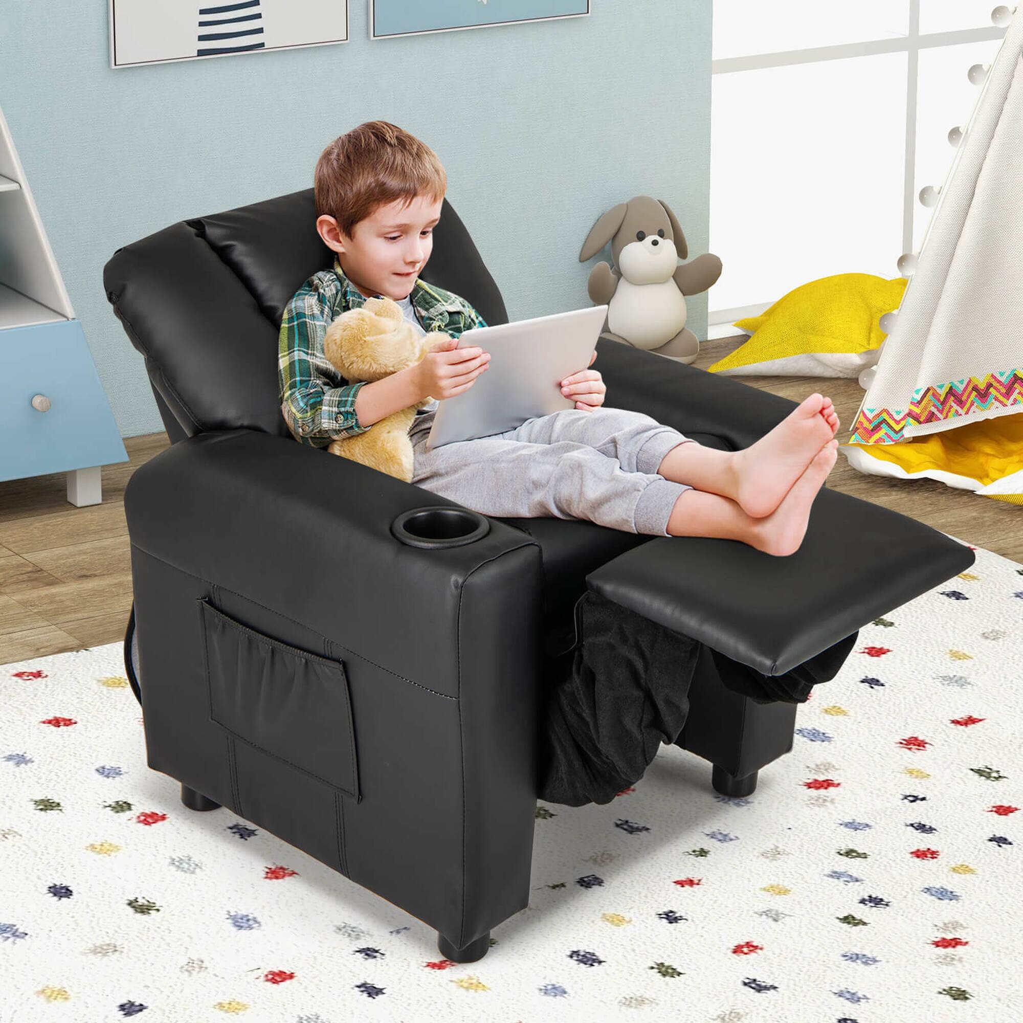 Alt View 1. Costway - Costway Kids Recliner Chair with Cup Holder & Side Pocket Adjustable Backrest Footrest - Black.