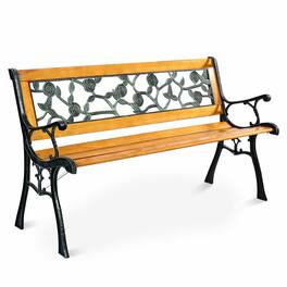 Costway - Patio Park Garden Bench Porch Chair Outdoor Deck Cast Iron Hardwood Rose - Yellow
