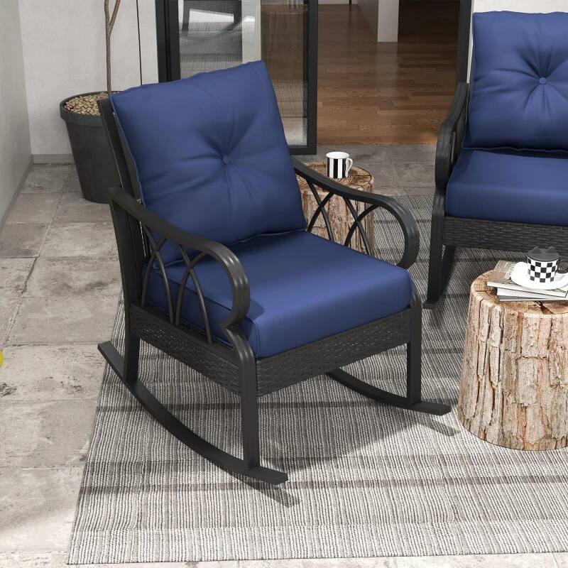 Alt View 5. Resenkos - Resenkos 2-Piece Rattan Rocking Chairs, Cushioned Aluminum Patio Set, Garden Seating, Blue - Blue.