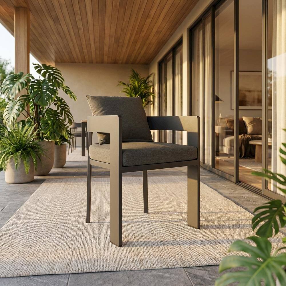 Angle. Outdoor Escape - Aluminum Outdoor Patio Dining Chair With Cushioned Seat And Stylish Design - Gray.