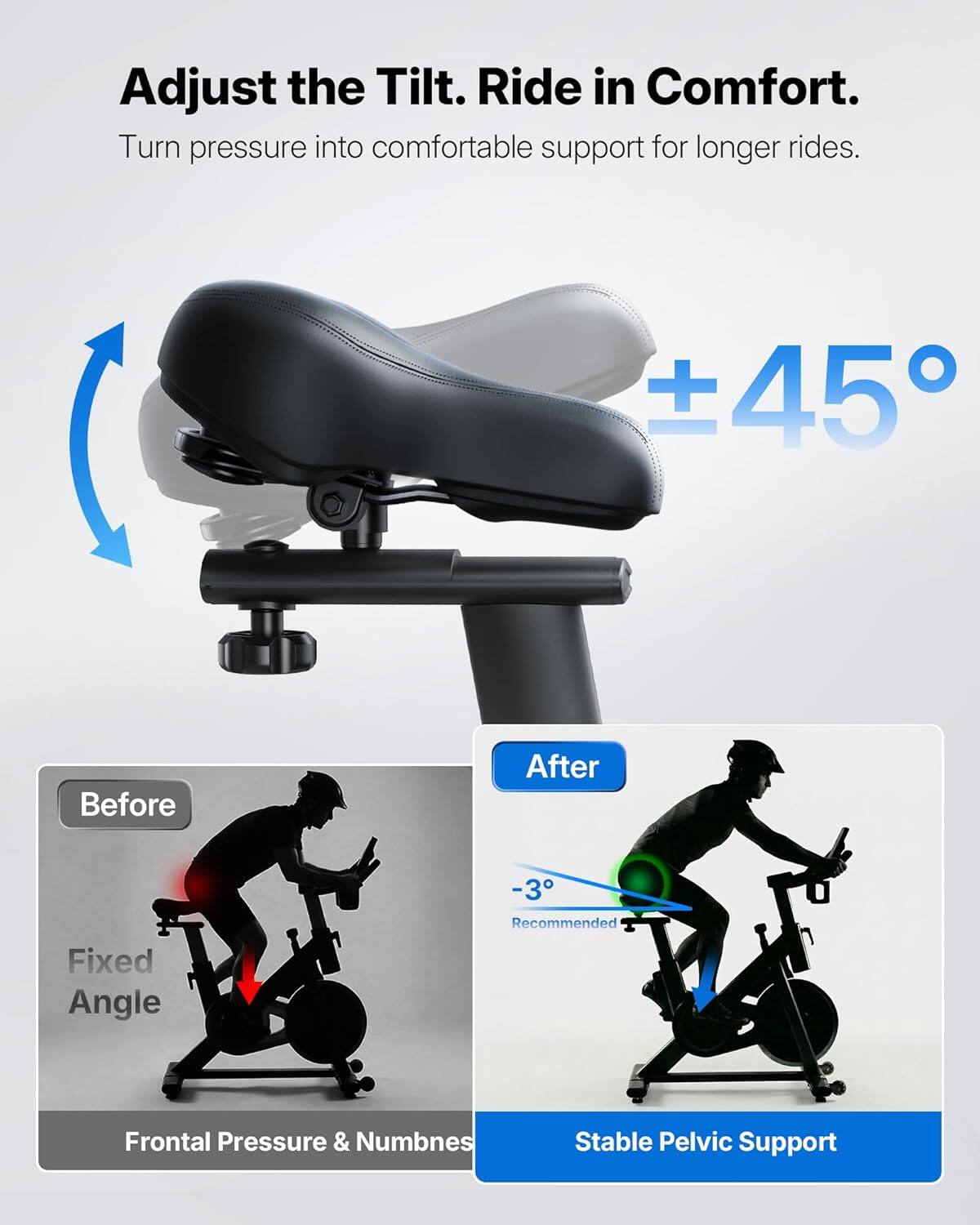 Adjust the Tilt. Ride in Comfort.  
Turn pressure into comfortable support for longer rides.  

±45°  

Before  
Fixed Angle  
Frontal Pressure & Numbness  

After  
-3° Recommended  
Stable Pelvic Support